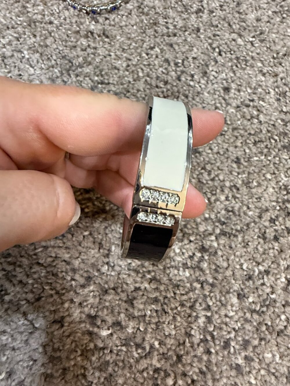 Ann Taylor Black White Hinged Cuff Bracelet Silver-Tone Rhinestone Bangle